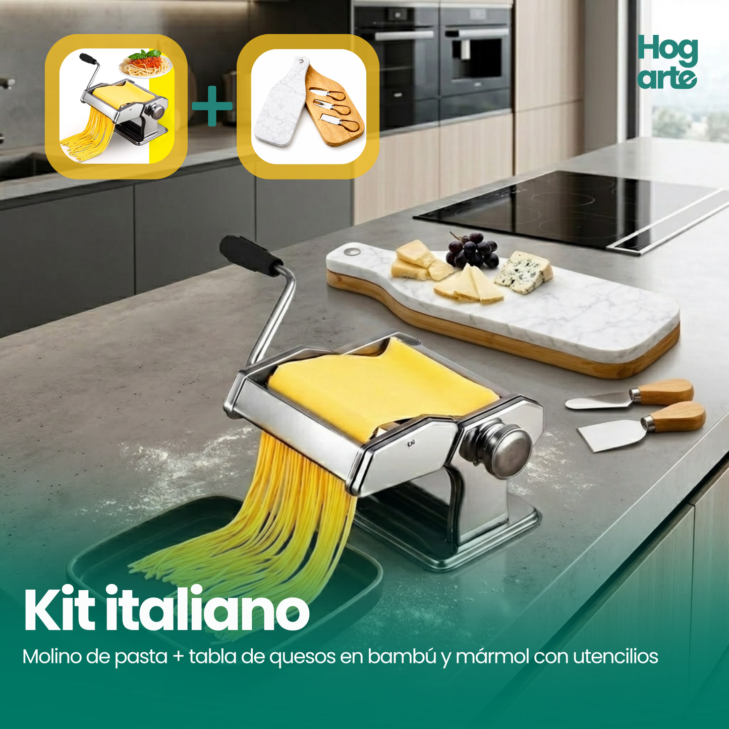 Kit italiano tabla de quesos Bambú mármol + Maquina para hacer Pasta